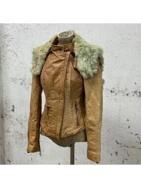 Vintage Only Leather & Rabbit Fur Moto Jacket Tan Hooded Funnel Neck